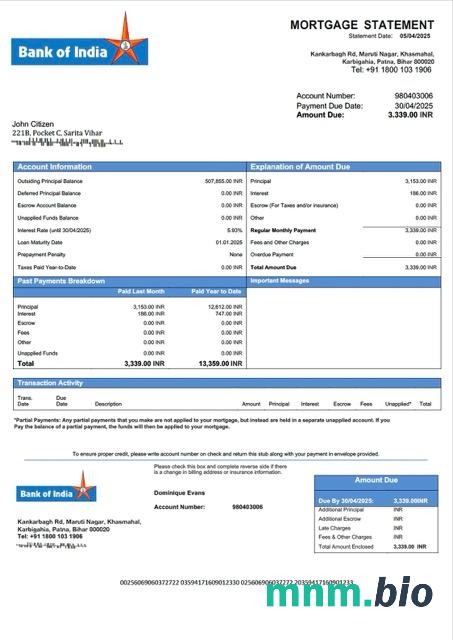 Indie Bank of India wyciąg z kredytu hipotecznego szablon Word i PDF